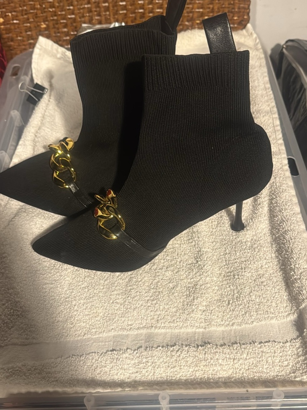 JustFab Black Pointed Sock Booties with Gold Chain
